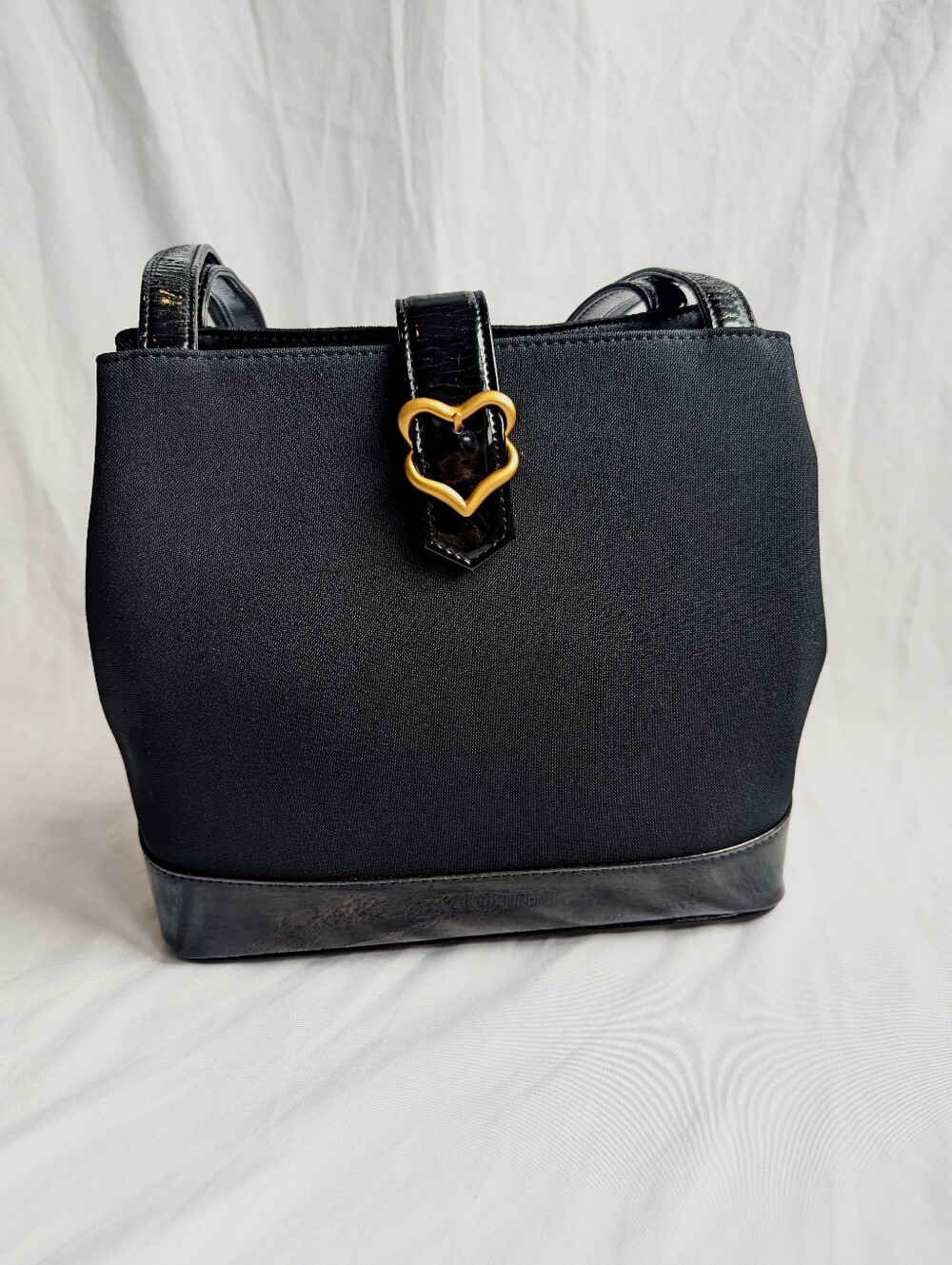 Yves Saint Laurent Navy & Black Canvas Tote Bag Gold Heart Hardware - Vintage